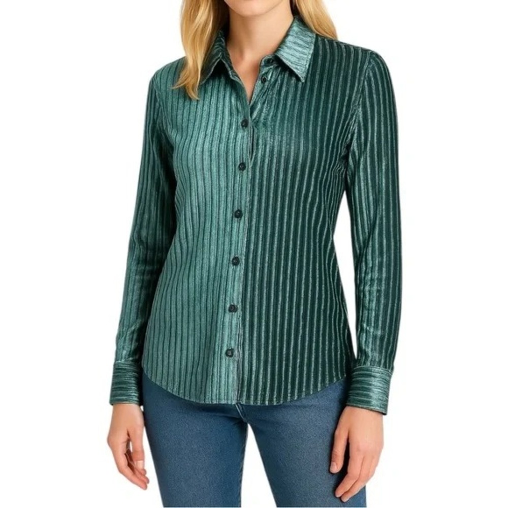 House of Harlow 1960 Shirt Button Up Top Sz M Velvet Blue/Teal Sparkly Metallic